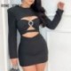 Szín: fekete M - Női Solid Elegáns, Hosszú ujjú Hollow Out Mini Bodycon Egy vonalas formális fekete ruha