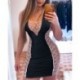 Szín: fekete S - Női szexi patchwork tank strasszos hát nélküli mély V nyakú hálós Bodycon mini szexi fehér ruhák