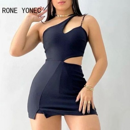 Szín: kék M - Női elegáns, tömör ferde gallér egy váll spagetti pántok, ujjatlan Bodycon ruha nadrágtartók