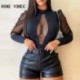 Szín: fekete XL - Női elegáns, tömör hálós garbós garbós hosszú ujjú, Bodycon szexi blúz felsők