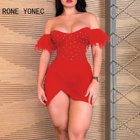 Szín: piros L - Női szexi, váll nélkül, rövid tollas ujjú strasszos mini Bodycon Wrap parti piros ruhák
