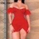 Szín: piros L - Női szexi, váll nélkül, rövid tollas ujjú strasszos mini Bodycon Wrap parti piros ruhák