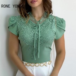 Szín: menta XL - Női elegáns, tömör, kerek nyakú fűzős, rövid ujjú csipke patchwork Bodycon szexi blúz felsők