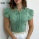 Szín: menta XL - Női elegáns, tömör, kerek nyakú fűzős, rövid ujjú csipke patchwork Bodycon szexi blúz felsők