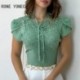 Szín: menta XL - Női elegáns, tömör, kerek nyakú fűzős, rövid ujjú csipke patchwork Bodycon szexi blúz felsők
