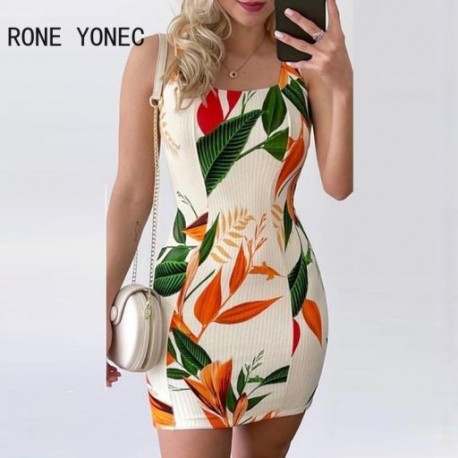 Szín: MULTI L - Női Alkalmi Tank All Over Print Ujjatlan Mini Bodycon Szexi ruha