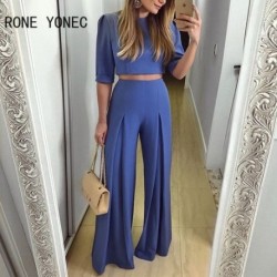 Szín: Lila XL - Női tömör, elegáns fél ujjú Crop Top hosszú, egyenes nadrág alkalmi munkanadrág szettek