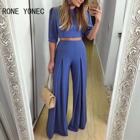 Szín: Lila XL - Női tömör, elegáns fél ujjú Crop Top hosszú, egyenes nadrág alkalmi munkanadrág szettek