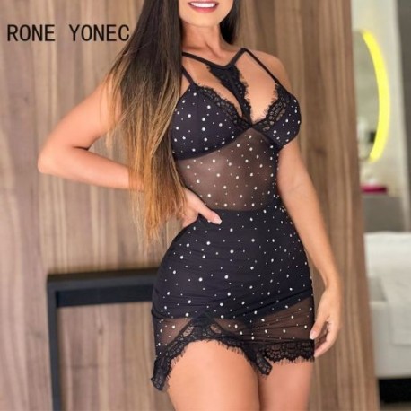 Szín: MULTI L - Női tömör szexi ujjatlan strasszhálós csipke patchwork Bodycon mini szexi partiruha szett