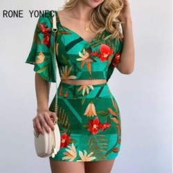 Szín: zöld S - Női alkalmi elegáns termés virágmintás felső üreges nyári Bodycon szoknya szettek