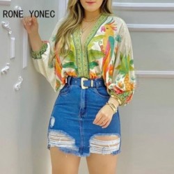 Szín: APRICOT XL - Női ing ElegantBird Tropical Print Batwing ujjú felső hosszú ujjú ing női blúz