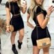 Szín: fekete XL - Női alkalmi elegáns, kerek nyakú, rövid ujjú, világos vonalú dekorációs Bodycon szoknya szettek