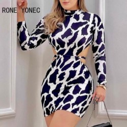 Szín: MULTI XL - Női szexi elegáns garbó nyakú hosszú ujjú leopárd mintás Midriff Bodycon mini szexi parti ruhák