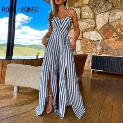 Szín: kék L - Női elegáns szexi csíkos spagetti pántok, fűzős, ujjatlan, magas iszapos szexi jumpsuit