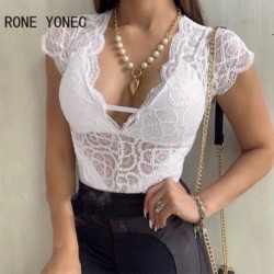 Szín: fehér XL - Női elegáns, tömör V nyakú csipke patchwork rövid ujjú Bodycon szexi fehér blúz felsők