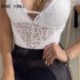 Szín: fehér XL - Női elegáns, tömör V nyakú csipke patchwork rövid ujjú Bodycon szexi fehér blúz felsők