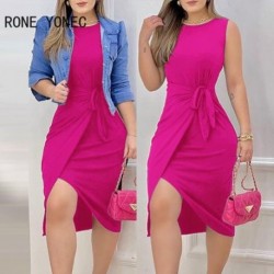 Szín: Rose Red L - Elegáns, tömör, fűzős női, ujjatlan, szexi Midi Bodycon partiruhák