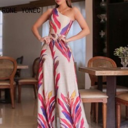 Szín: MULTI XL - Elegáns, növényi mintás női vállú, ujjatlan formális, Staight jumpsuitek