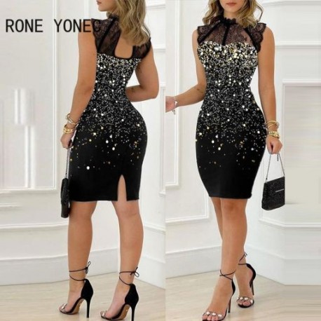 Szín: fekete M - Női Elegáns Elegáns Csipke Patchwork Gradiens Csillogó Kis Silt Mini Party Sexy Bodycon Fekete ruhák