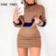 Szín: MULTI M - Női alkalmi elegáns kerek nyakú hosszú lámpás ujjú houndstooth Patchwork Bodycon szoknya szettek