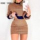 Szín: MULTI M - Női alkalmi elegáns kerek nyakú hosszú lámpás ujjú houndstooth Patchwork Bodycon szoknya szettek