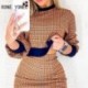 Szín: MULTI M - Női alkalmi elegáns kerek nyakú hosszú lámpás ujjú houndstooth Patchwork Bodycon szoknya szettek