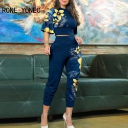 Szín: kék S - 2023-as női elegáns virágmintás fél fodros ujjú Crop top & ceruza nadrág szett elasztikus derék női