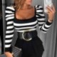 Szín: MULTI S - Női Elegáns Csíkos Basics Hosszú Puff ujjak Alap Blúz Szexi Bodycon Kötőfelsők