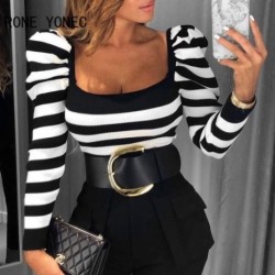 Szín: MULTI S - Női Elegáns Csíkos Basics Hosszú Puff ujjak Alap Blúz Szexi Bodycon Kötőfelsők