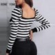 Szín: MULTI S - Női Elegáns Csíkos Basics Hosszú Puff ujjak Alap Blúz Szexi Bodycon Kötőfelsők