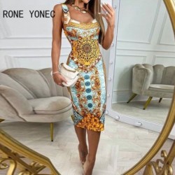 Szín: MULTI S - Női Szexi Szexi All Over Print Vintage Mintás ujjatlan Bodycon Midi Szexi buliruhák