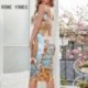 Szín: MULTI S - Női Szexi Szexi All Over Print Vintage Mintás ujjatlan Bodycon Midi Szexi buliruhák