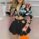 Szín: MULTI M - Női alkalmi elegáns, mély V nyakú, hosszú, lámpás ujjú virágmintás Crop top tömör alsó Bodycon