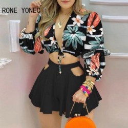Szín: MULTI M - Női alkalmi elegáns, mély V nyakú, hosszú, lámpás ujjú virágmintás Crop top tömör alsó Bodycon