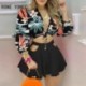 Szín: MULTI M - Női alkalmi elegáns, mély V nyakú, hosszú, lámpás ujjú virágmintás Crop top tömör alsó Bodycon