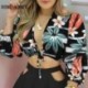 Szín: MULTI M - Női alkalmi elegáns, mély V nyakú, hosszú, lámpás ujjú virágmintás Crop top tömör alsó Bodycon