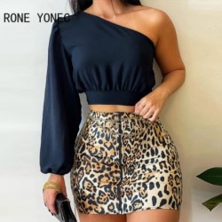 Szín: MULTI S - Női elegáns, tömör felső és leopárdmintás alsó vállláncdísz Bodycon szexi szoknya szettek