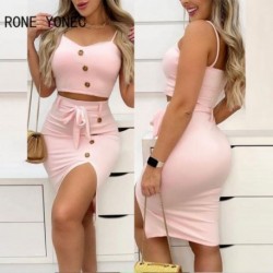 Szín: Pink XL - Női tömör spagetti pántos ujjatlan vágás felsők, húzózsinóros gombos magas iszapos midi szoknya