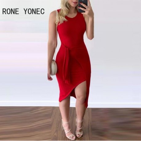 Szín: piros S - Női masszív szexi, kerek nyakú, tank Bodycon High Silt Midi szexi aszimmetrikus formális ruhák