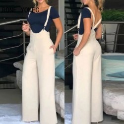 Szín: bézs L - Női Outfit Jumpsuits 2023-as széles lábú, zsebes kivitelű, függőnadrágos jumpsuit