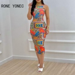 Szín: MULTI S - Női Szexi All Over Print Ujjatlan Bodycon Midi szexi partiruhák