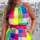 Szín: MULTI XL - Női alkalmi kötőfék ujjatlan övkockás mintás zsebbel nyári Bodycon rövid szettek