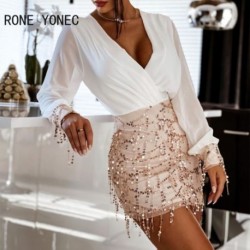 Szín: MULTI L - Női elegáns flitterek Patchwork Deep V nyakba burkolt, hosszú lámpás ujjú mini Bodycon munkaruhák