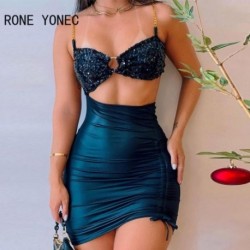 Szín: kék XL - Női szexi elegáns spagetti láncpántos flitterek patchwork ráncos mini szexi parti ruhák