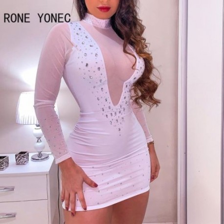 Szín: fehér M - Női szexi patchwork strasszos garbó nyakú hálós Bodycon hosszú ujjú mini szexi fehér ruhák