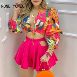 Szín: piros L - Női, kétrészes szett nyomdai mély V nyakú Colorblock Lantern Sleeve Croop felső és kivágott sima