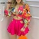 Szín: piros L - Női, kétrészes szett nyomdai mély V nyakú Colorblock Lantern Sleeve Croop felső és kivágott sima