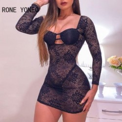 Szín: kék M - Női masszív szexi csipke virágos hálós hosszú ujjú, hollow out Bodycon mini szexi parti ruhák
