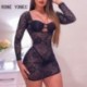 Szín: kék M - Női masszív szexi csipke virágos hálós hosszú ujjú, hollow out Bodycon mini szexi parti ruhák
