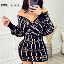 Szín: kék S - Női szexi, vállra húzott, V-nyakú, hosszú ujjú, mini Bodycon partiruhák